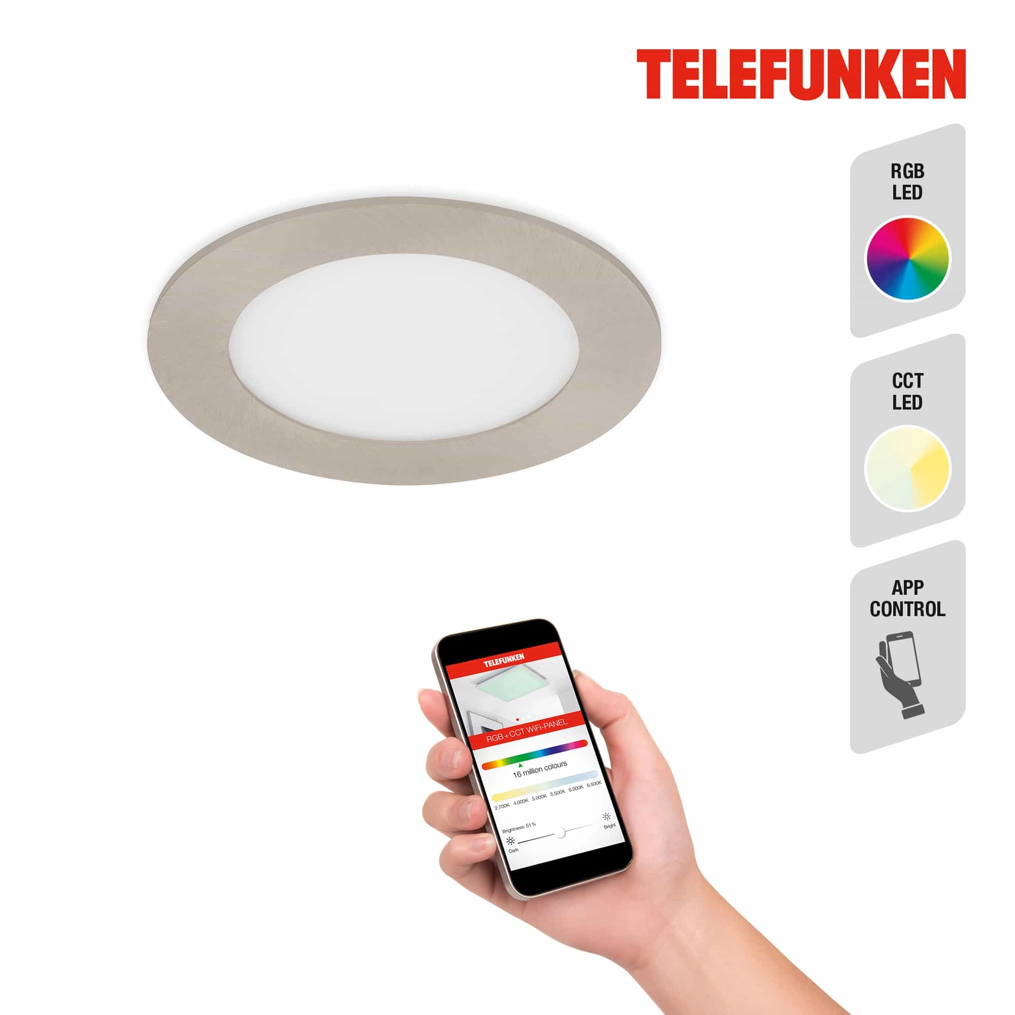 TELEFUNKEN Smart LED Einbauleuchte, Ø 12 cm, 6 W, Matt-Nickel