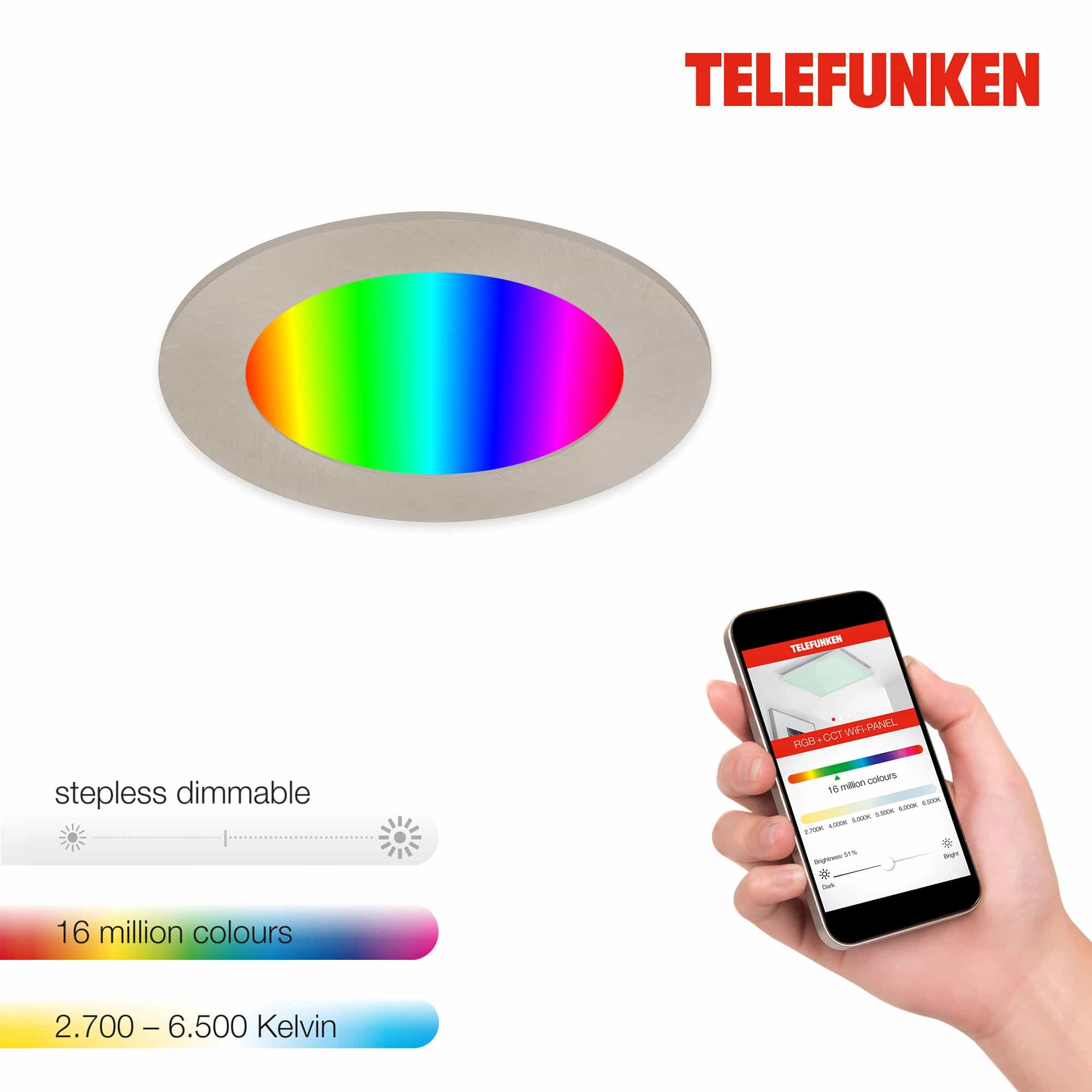 TELEFUNKEN Smart LED Einbauleuchte, Ø 12 cm, 6 W, Matt-Nickel