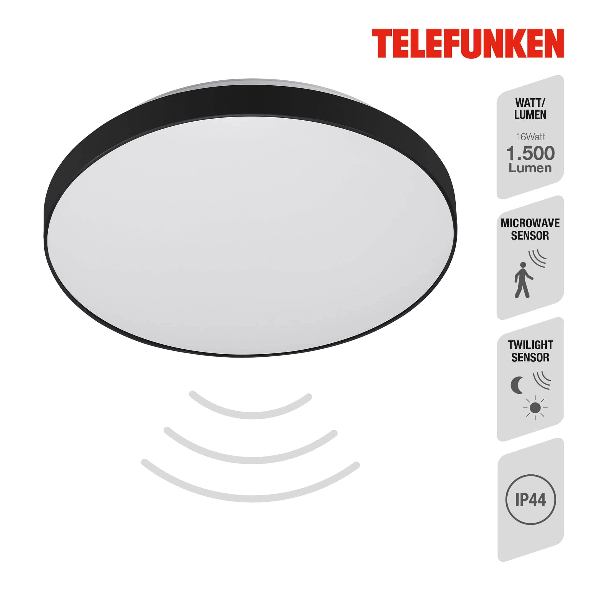 TELEFUNKEN Sensor LED Deckenleuchte, Ø 29 cm, 16 W, Weiß-Schwarz