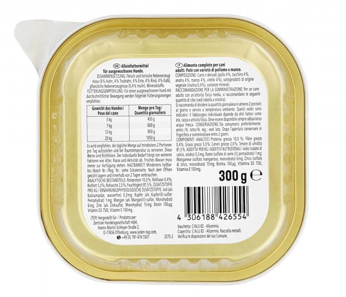 Jeden Tag Hund Pastete mit Vielfalt aus Geflügel & Rind