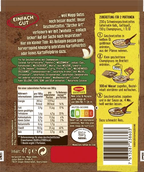Maggi Fix für Geschnetzeltes Zürcher Art