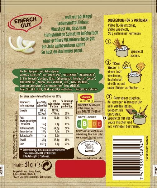 Maggi Fix für Spaghetti Rahm-Spinat