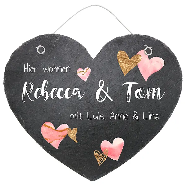 Türschild in Herzform aus Schiefer mit Herzen in der Größe 24 cm Design Hearts