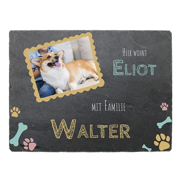 Türschild aus Schiefer mit Foto, Name und Hundename 30 x 20 cm