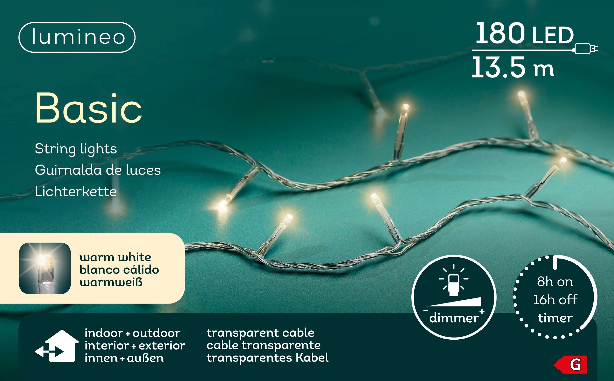 Lichterkette Basic 180 LED 13,5 m warm weiß, transparentes Kabel