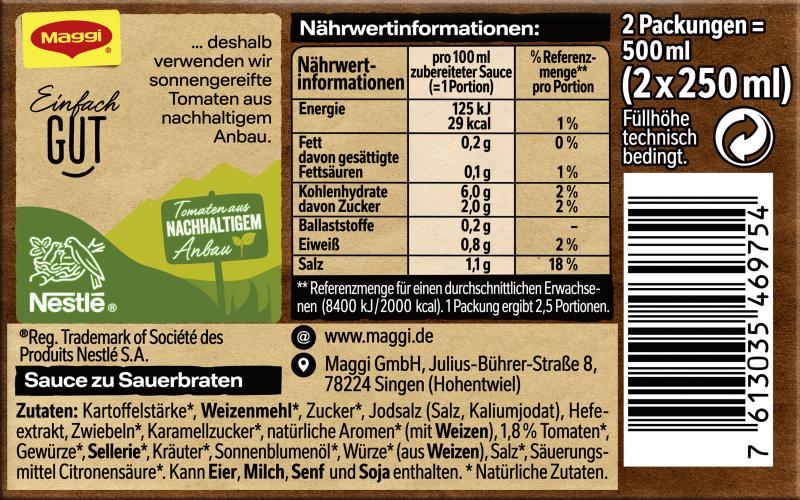 Maggi Sauce zu Sauerbraten ergibt 2x 250ML