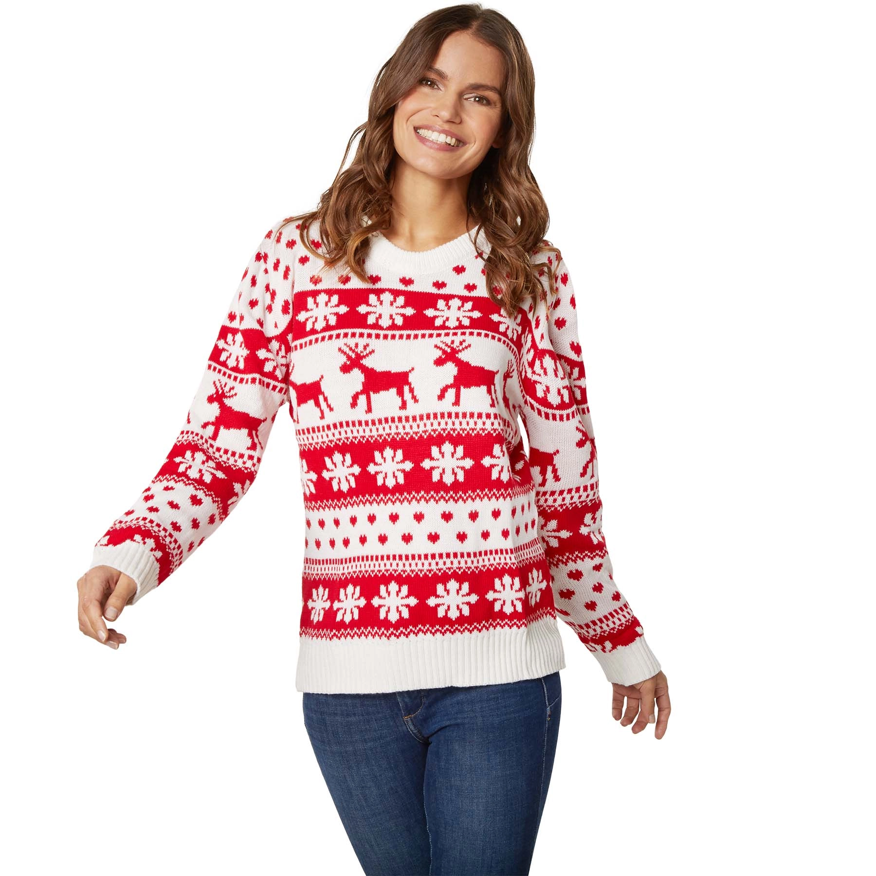 Weihnachtspullover Winterzauber weiß-rot für Frauen - M