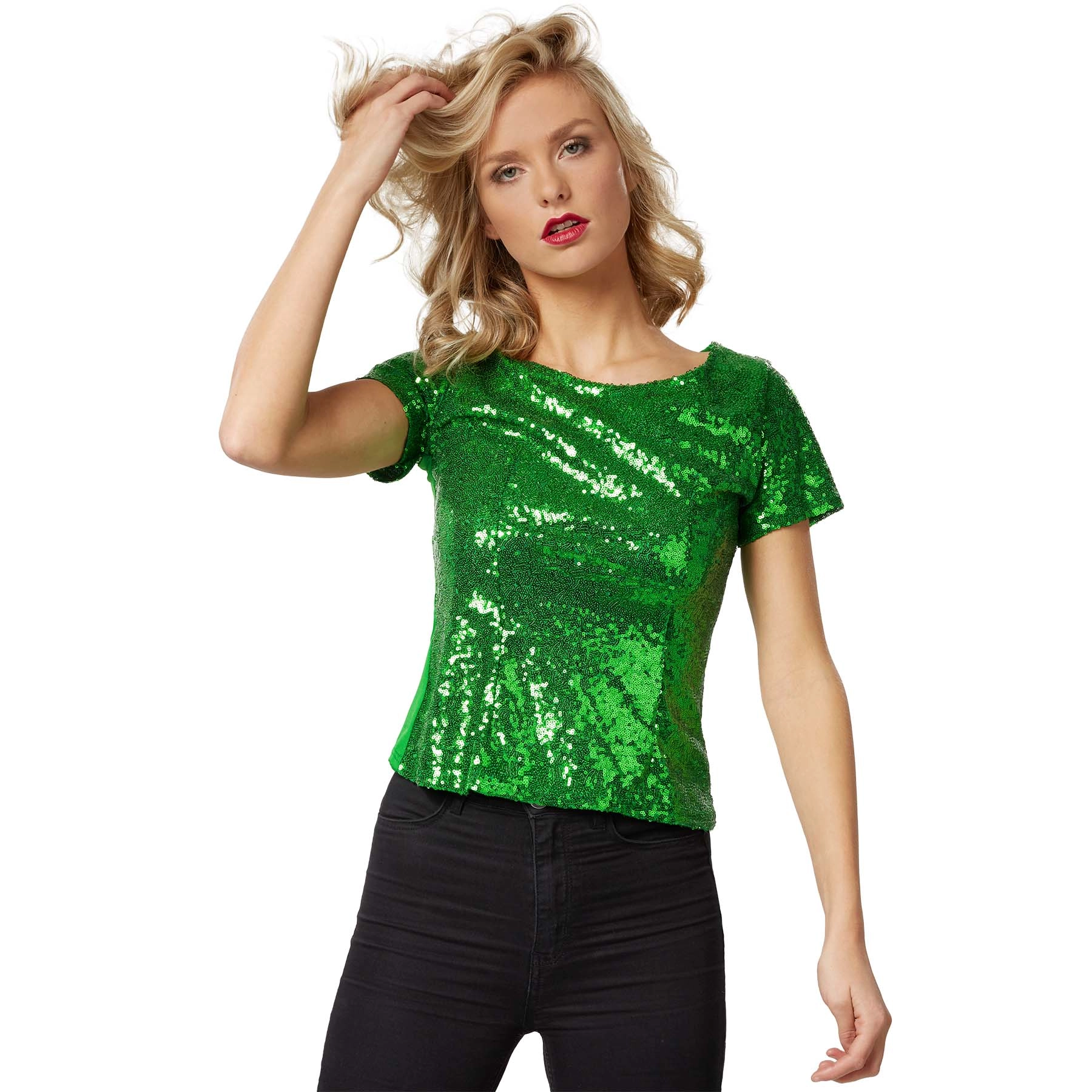 Pailletten-Kurzarm-Shirt - grün, M