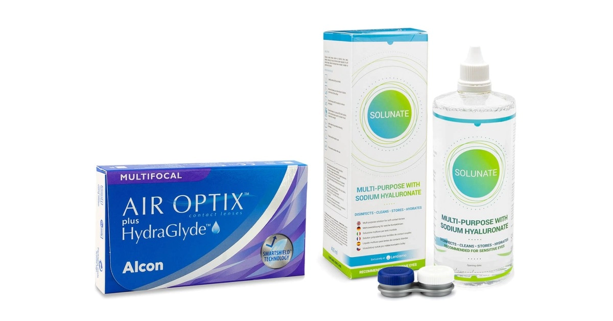 Air Optix Plus Hydraglyde Multifocal (3 Linsen) + Solunate Multi-Purpose 400 ml mit Behälter
