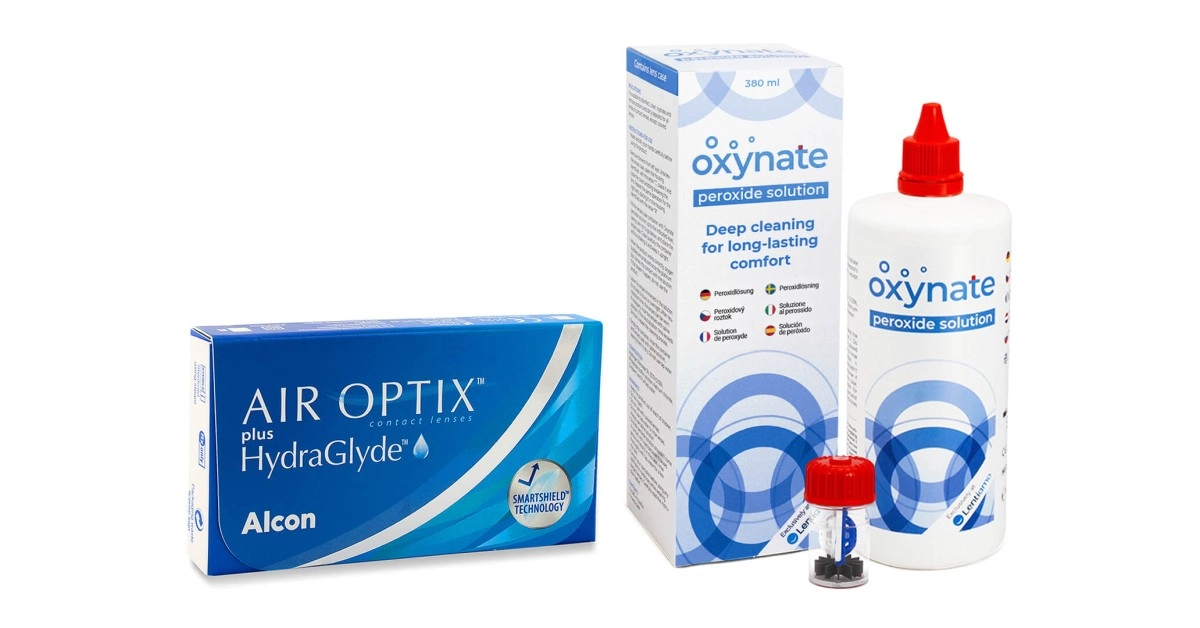 Air Optix Plus Hydraglyde (6 Linsen) + Oxynate Peroxide 380 ml mit Behälter