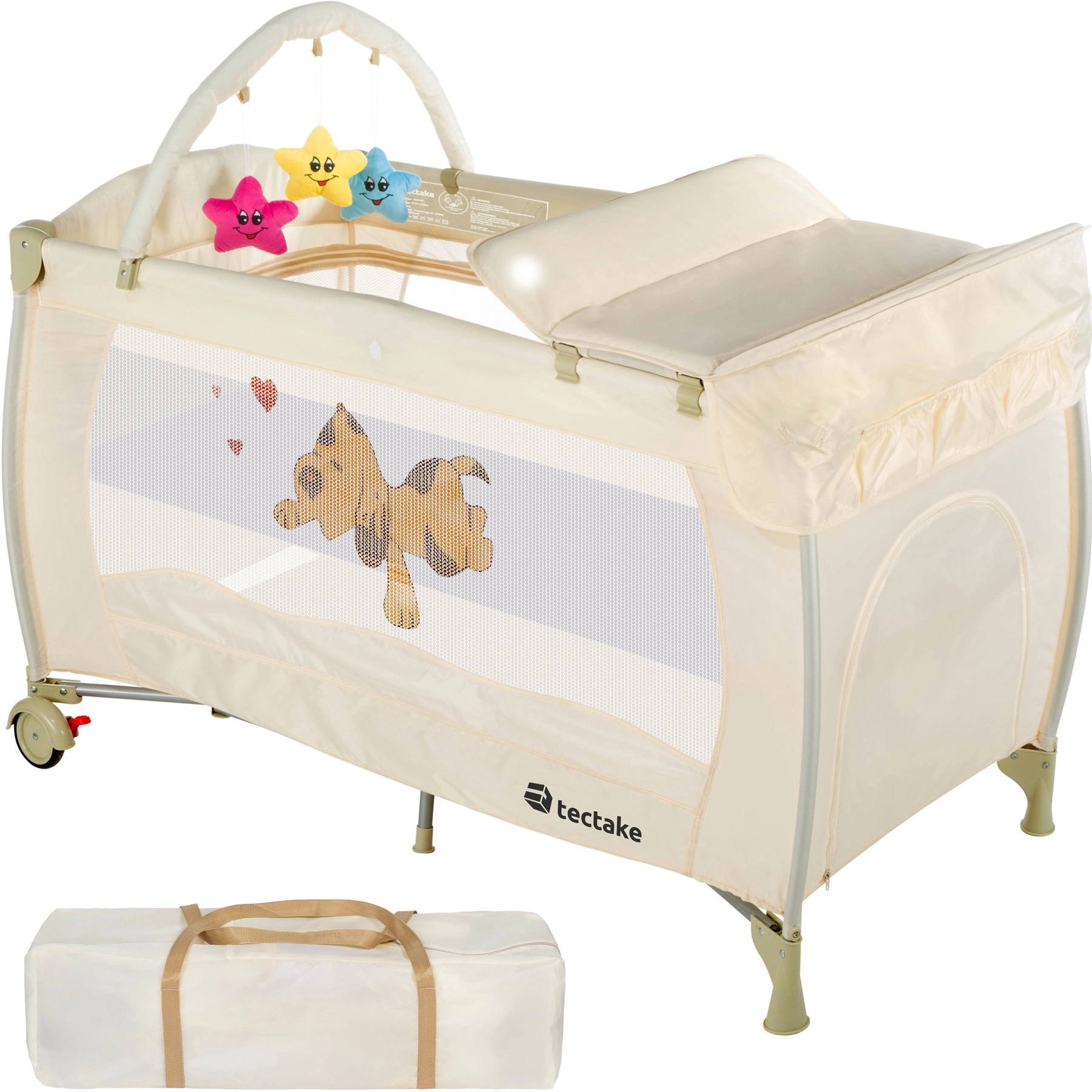 Kinderreisebett Hund 132x75x104cm mit Wickelauflage und Transporttasche - beige