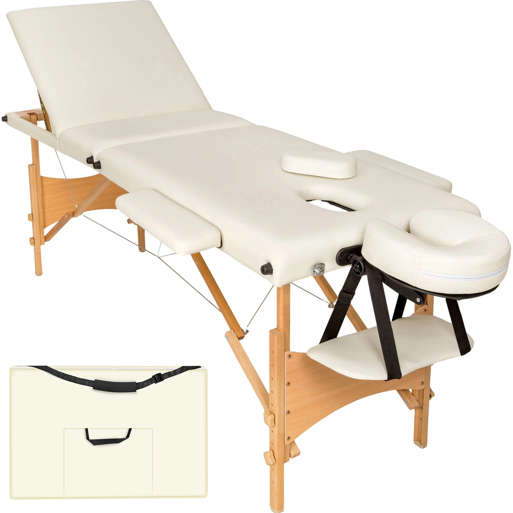 3 Zonen Massageliege mit Polsterung und Holzgestell - beige