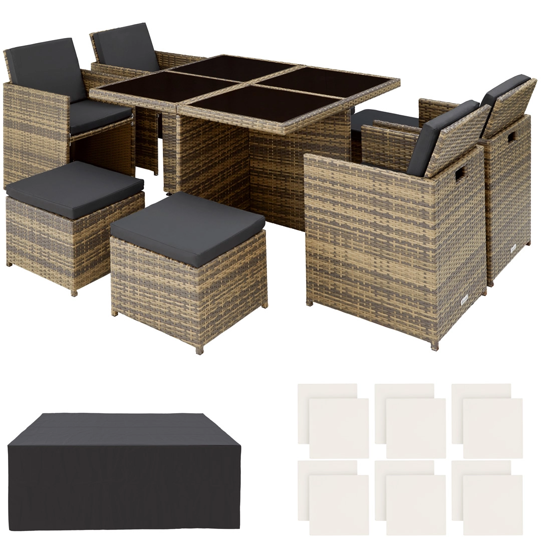 Aluminium Rattan Sitzgruppe Manhattan 4+4+1 mit Schutzhülle - natur