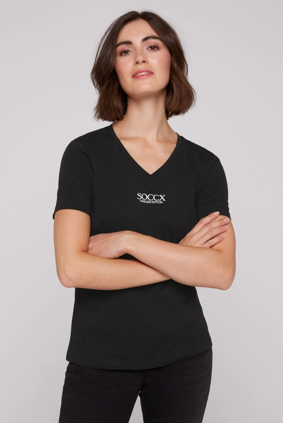SOCCX Basic T-Shirt mit V-Ausschnitt und Logo - black | L