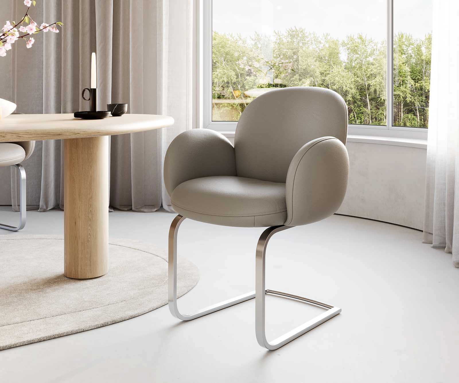 Freischwinger Nube-Flex mit Armlehnen Echt-Leder Schlamm Freischwinger flach Edelstahl Taschenfederkern