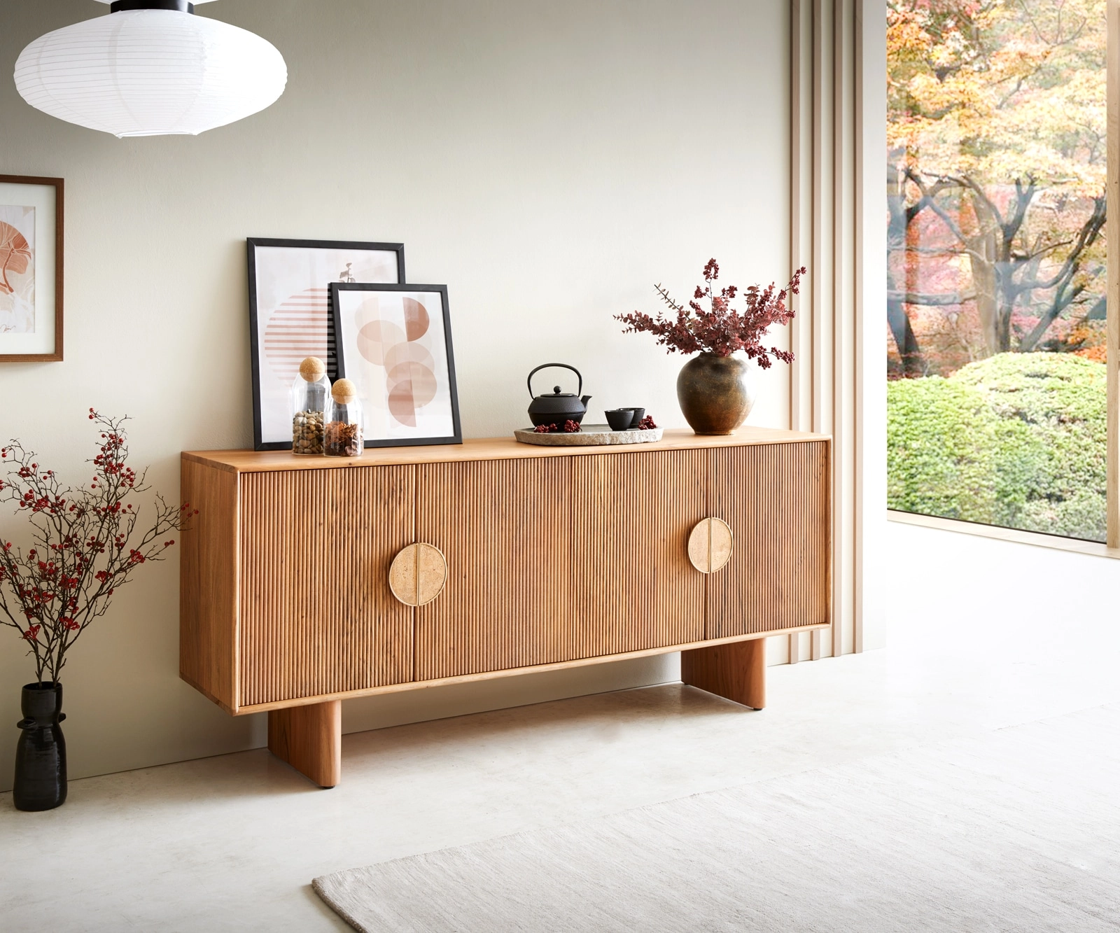 Sideboard Surimu 175 cm Akazie Hellbraun 4 Türen 2 Fächer Kork-Griff Holzfüße