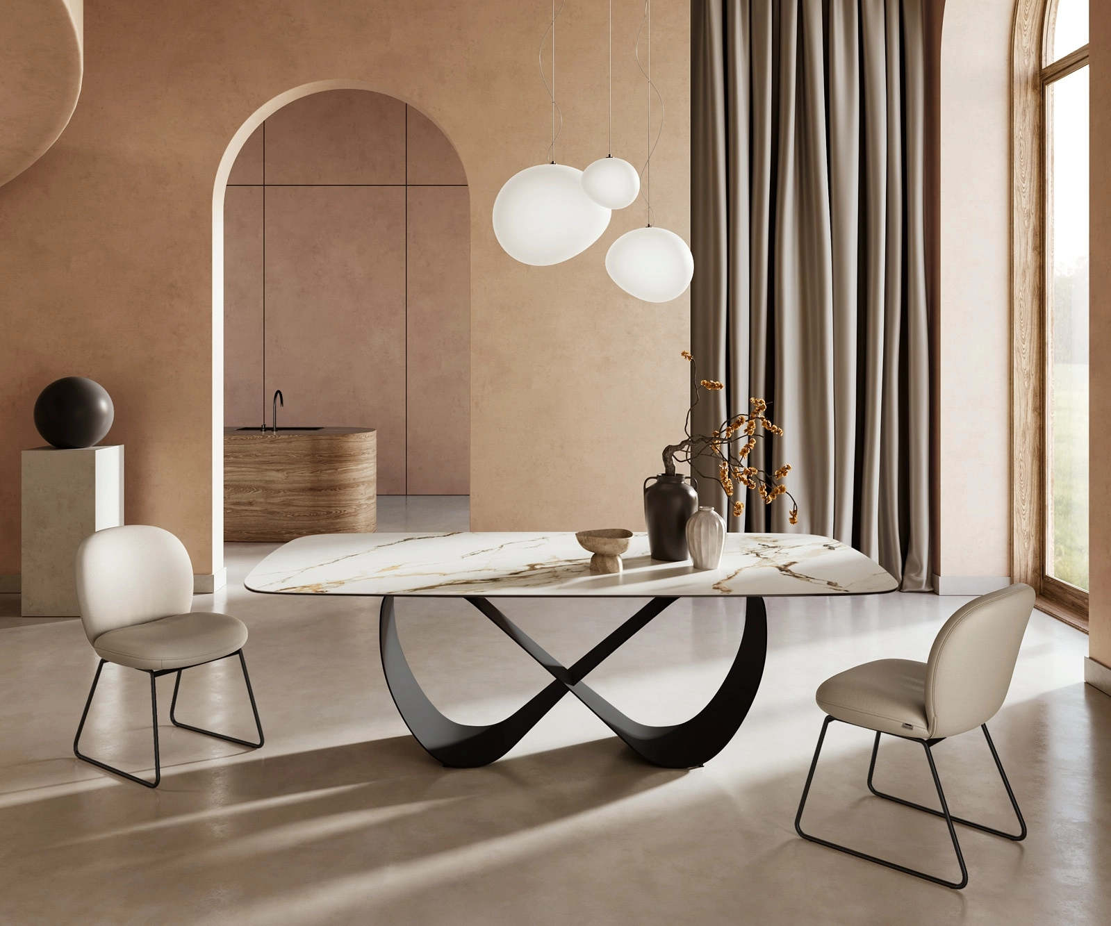 Esstisch Edge Boot 240x120cm Keramik Calacatta Luxe Weiß-Gold-Grau Infinity Metall Schwarz