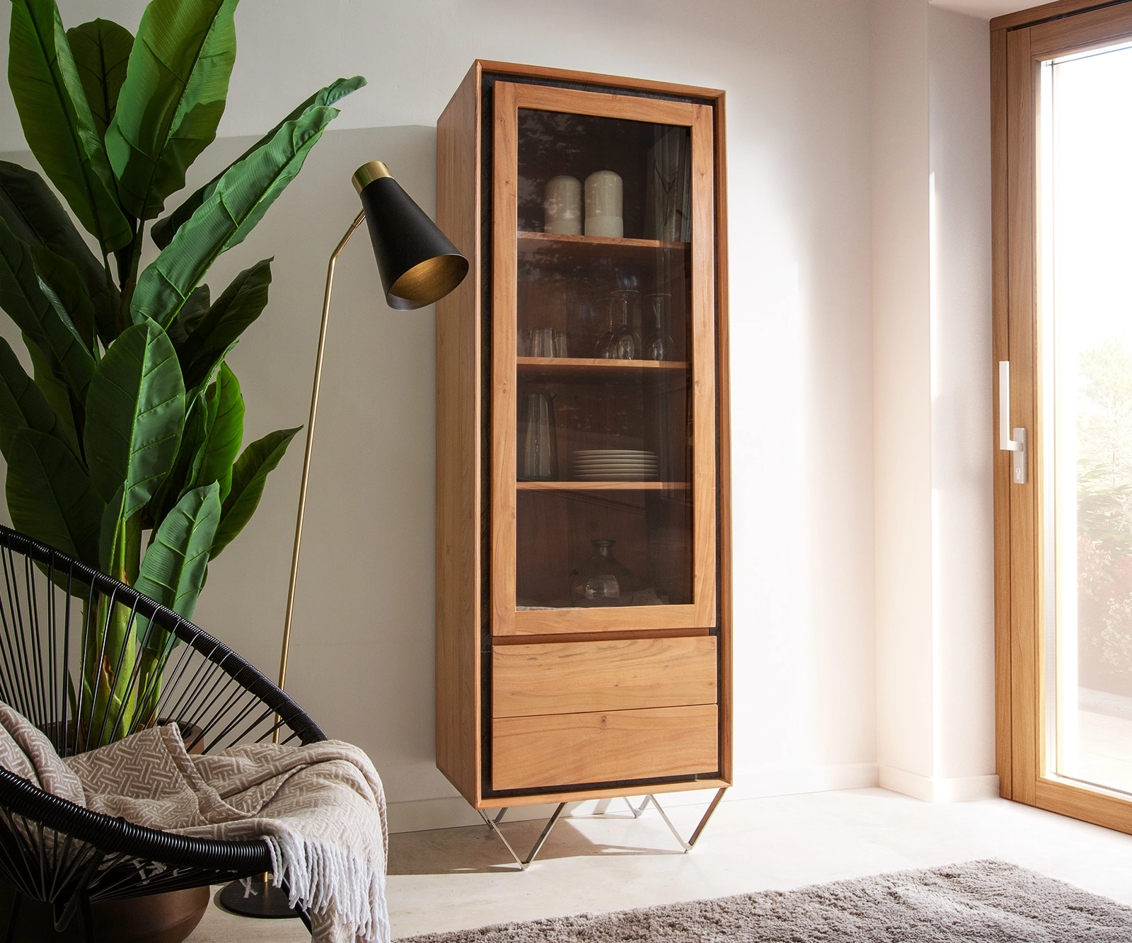 Vitrine Stonegrace 55x180 Akazie Natur 1 Tür 2 Schubladen Steinfurnier V-Fuß