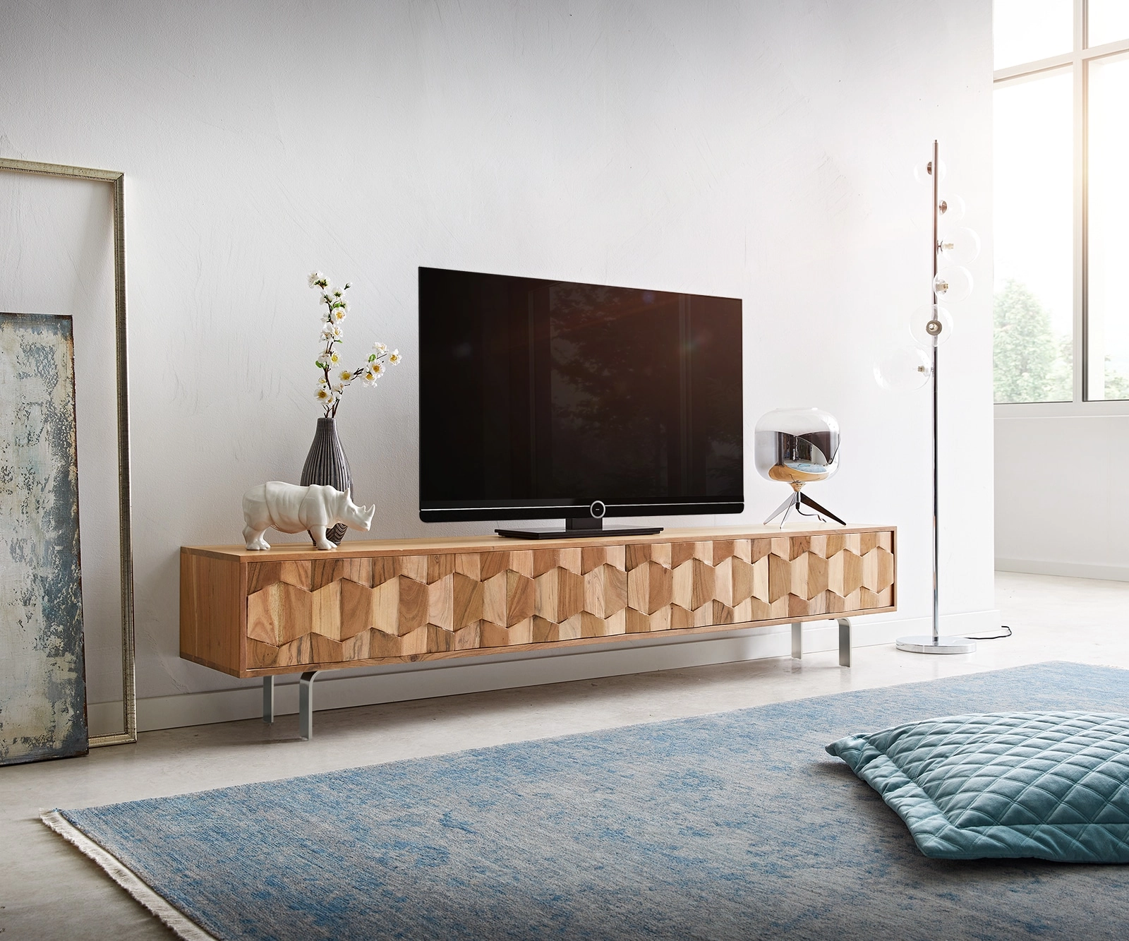 Lowboard Fevo 200 cm Akazie Natur 4 Türen L-Fuß