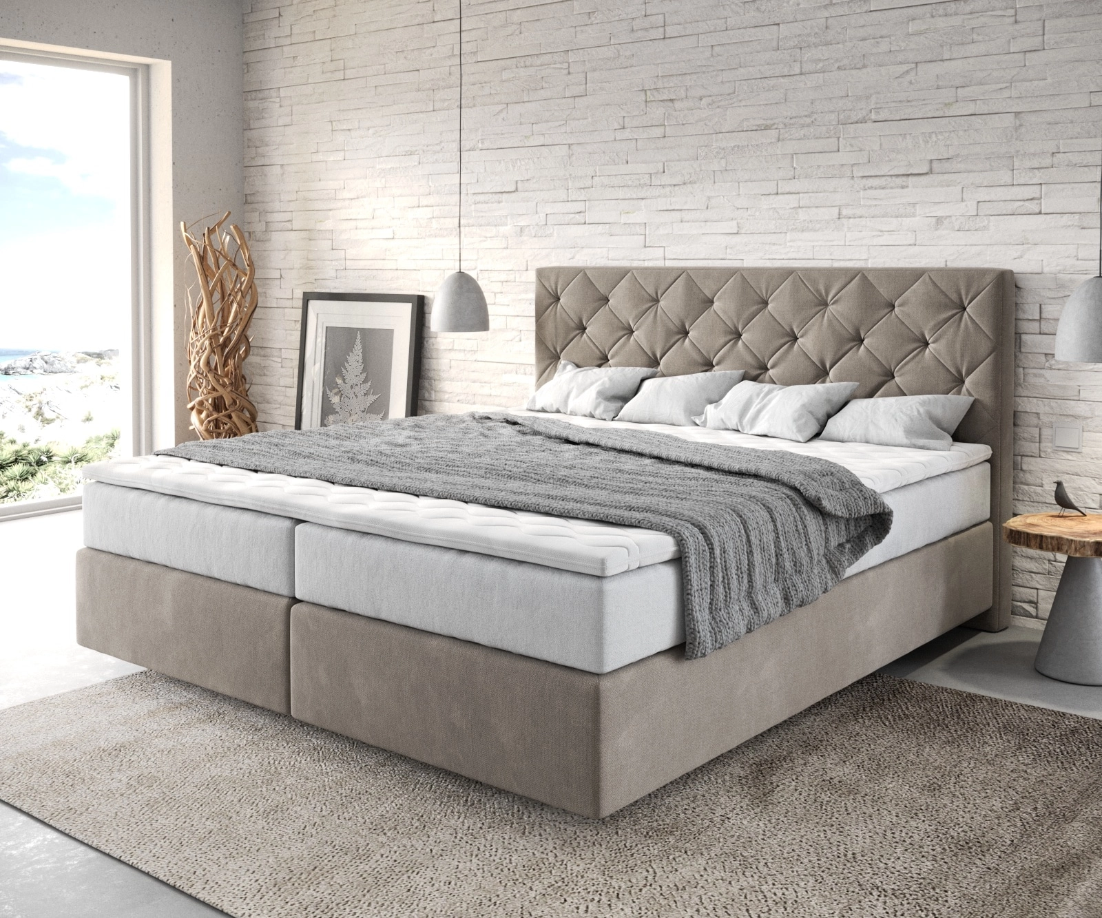 Boxspringbett Dream-Great 180x200 cm Mikrofaser Beige mit TFK Matratze und Visco Topper