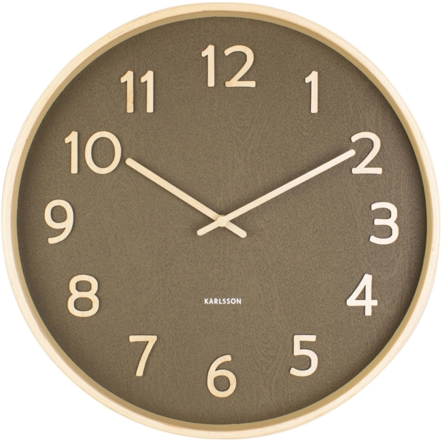 Karlsson Pure Wood Grain Wanduhr - moss green - Ø 40 cm - Tiefe: 4,5 cm