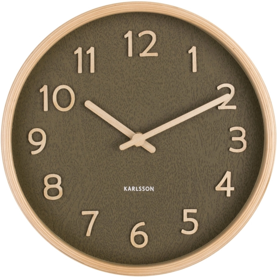 Karlsson Pure Wood Grain Wanduhr - moss green - Ø 22 cm - Tiefe: 4,5 cm