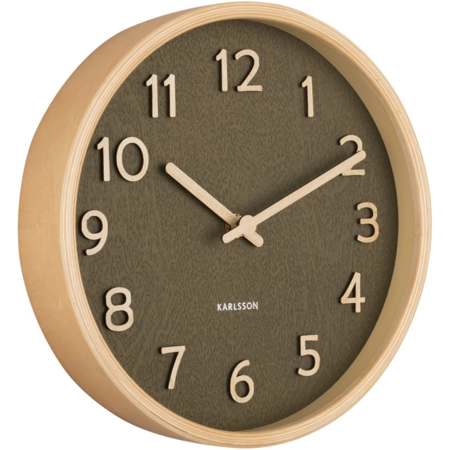 Karlsson Pure Wood Grain Wanduhr - moss green - Ø 22 cm - Tiefe: 4,5 cm