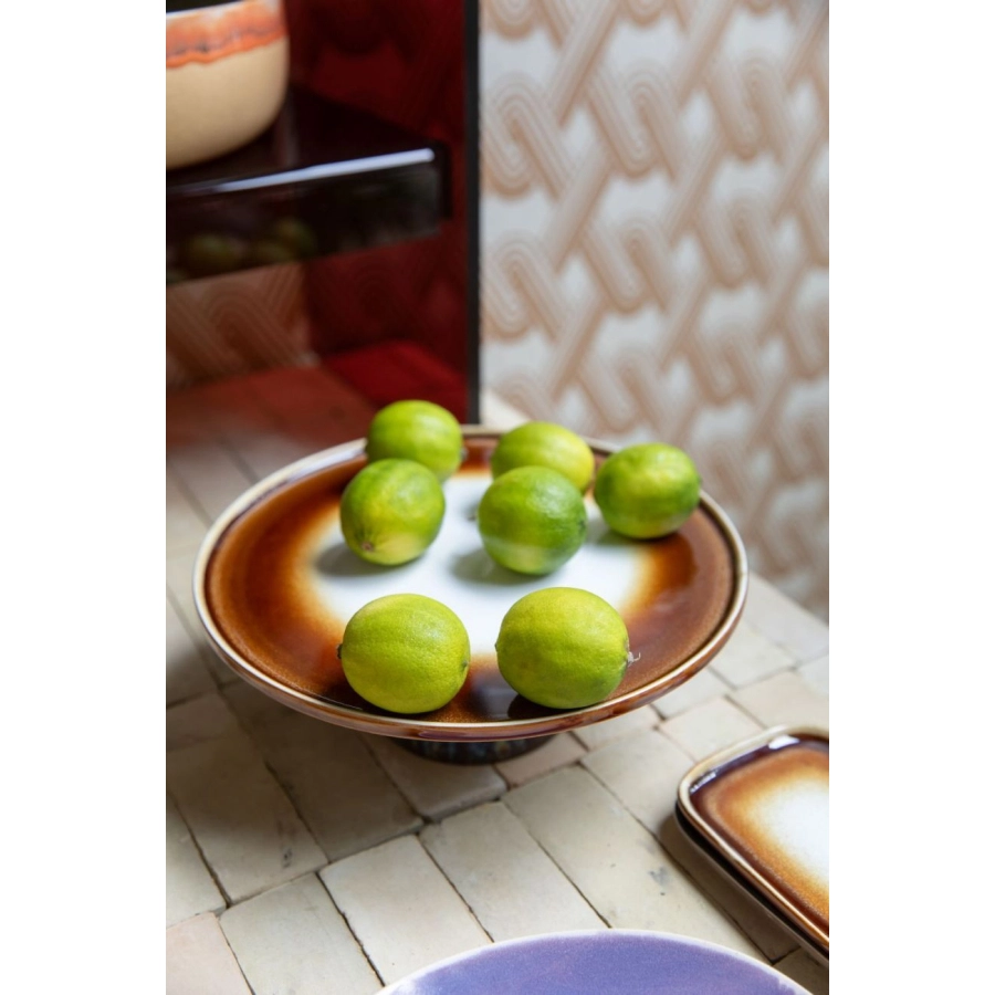 HK living 70's Ceramics Servierplatte mit Fuß - orbit - 33x33x10,2 cm