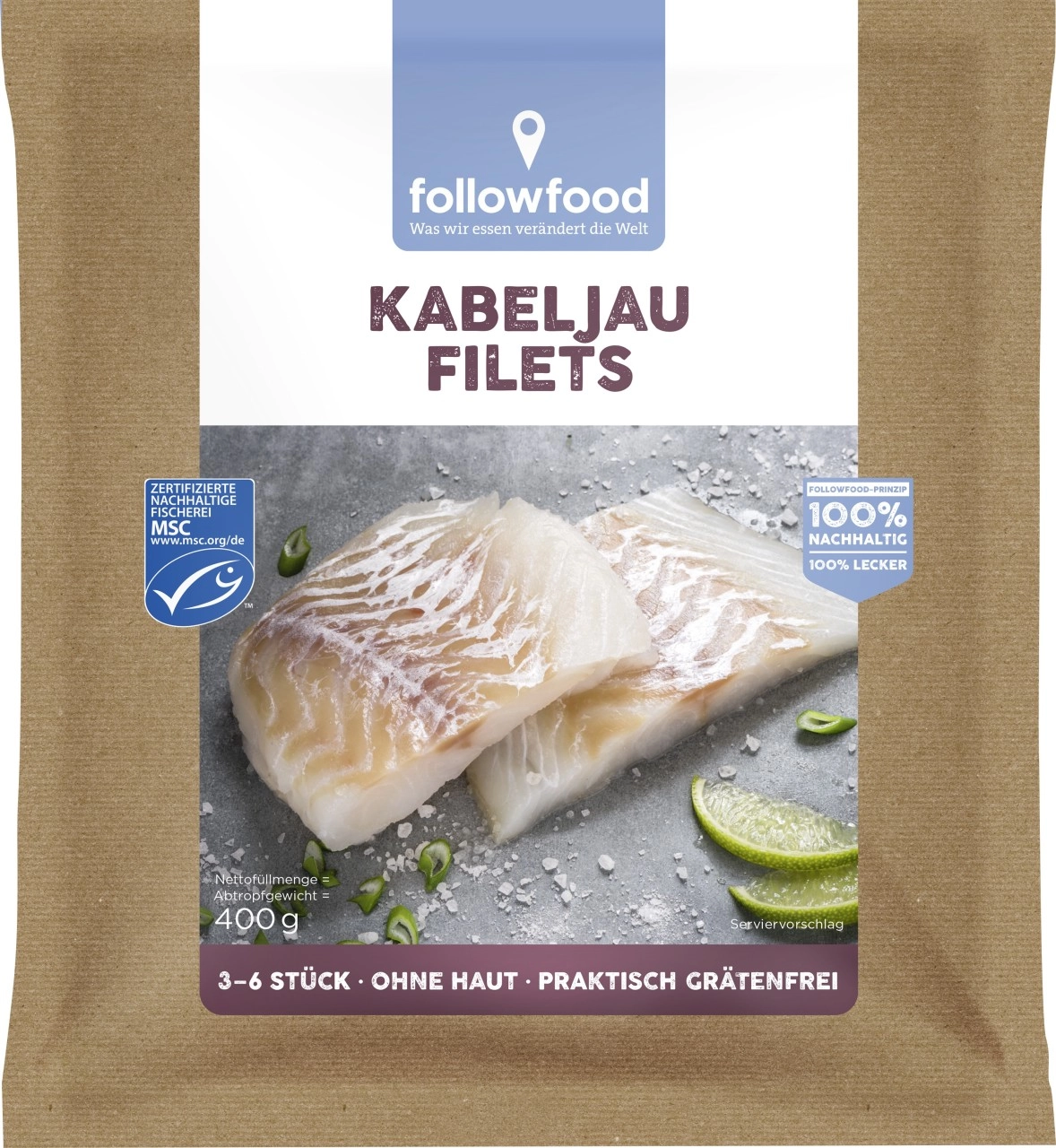 Wildfang Kabeljau Filets 3-6 Stück, 400 g Beutel, gefroren