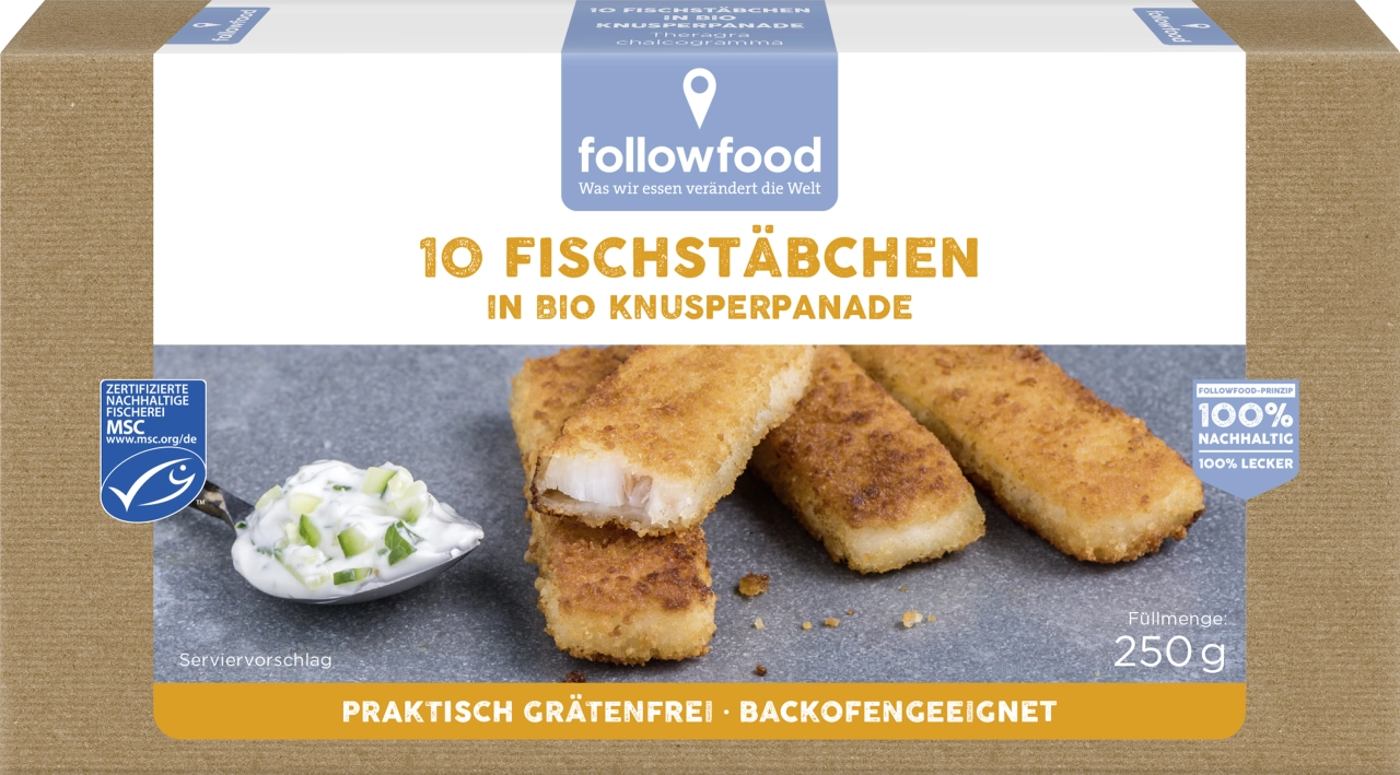 Wildfang 10 Seelachs-Fischstäbchen in Bio Panade, 250 g Schachtel, gefroren