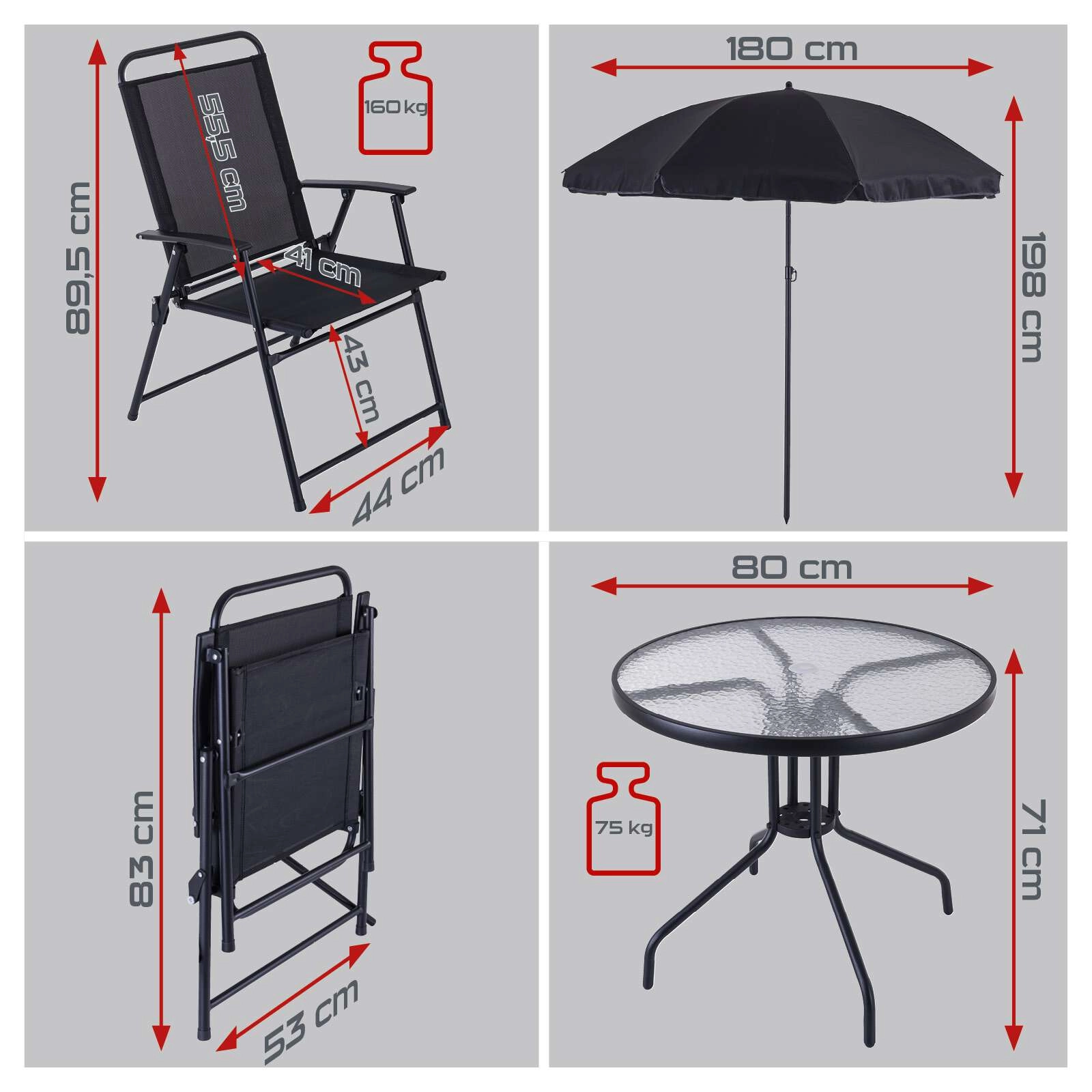 Balkonset 6-tlg. PX-BS-1 Practixx - 4x Klappstuhl, Sonnenschrim, Glastisch | Schwarz - Anthrazit | Gartenset | Bistroset
