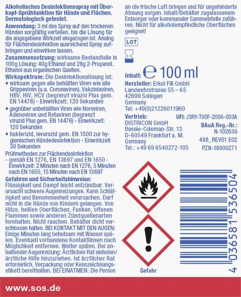 Sos Desinfektionsspray Intense Hand + Fläche