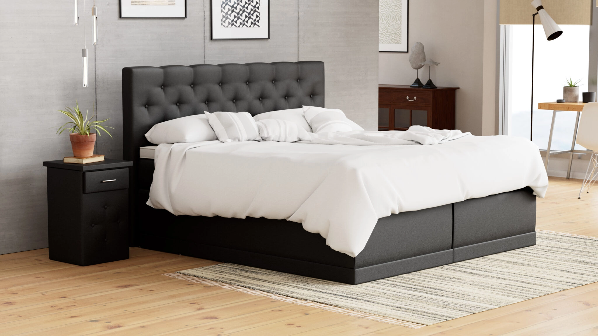 Boxspringbett Helena, 180x200 cm, schwarz, Härtegrad H2, H3, H4 wählbar