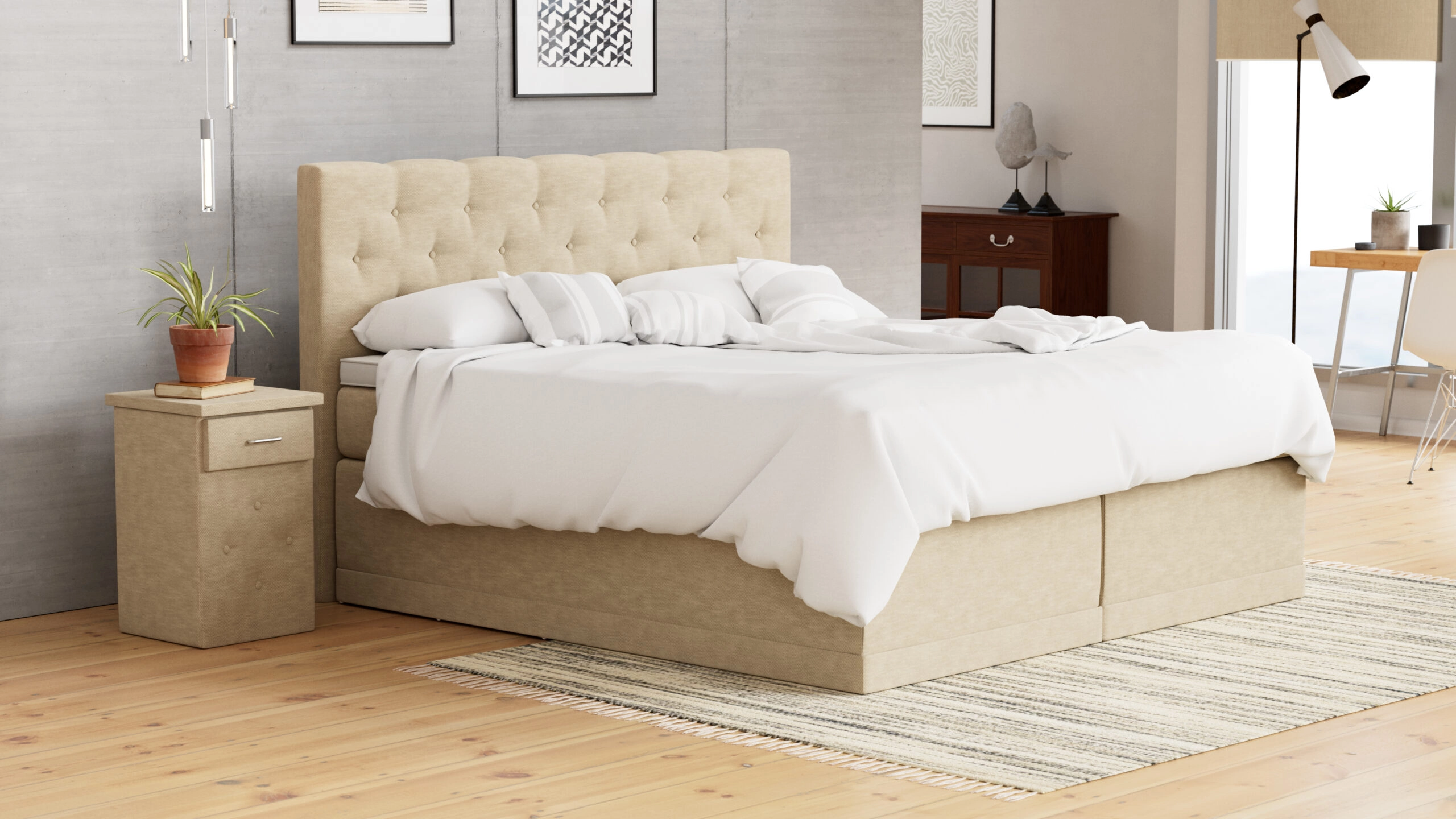 Boxspringbett Helena, 200x200 cm, beige, Härtegrad H2, H3, H4 wählbar