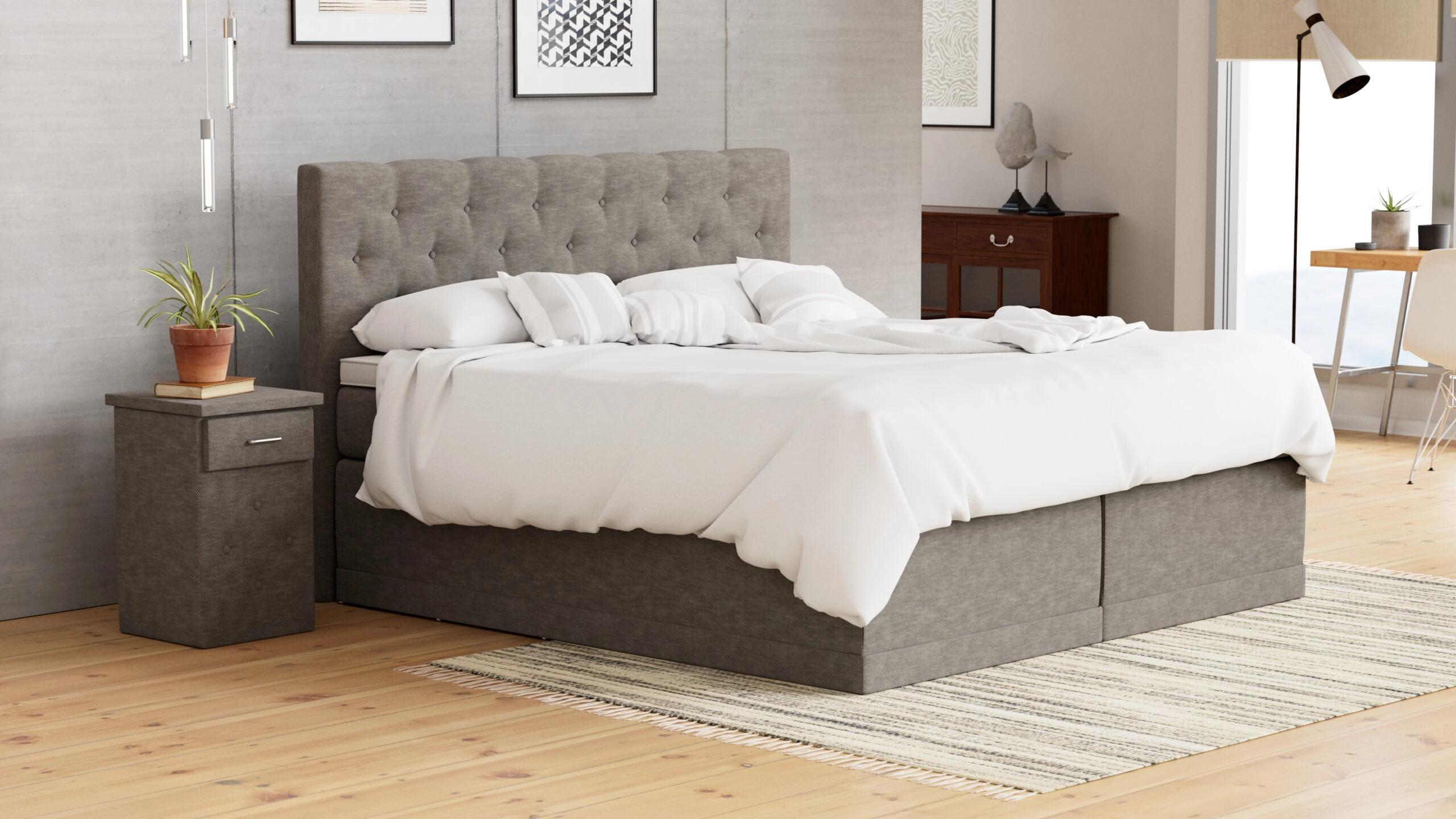 Boxspringbett Helena, 180x220 cm, grau, Härtegrad H2, H3, H4 wählbar
