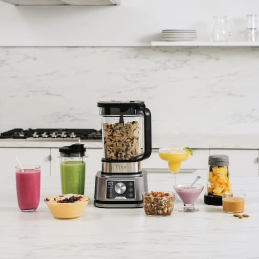 Ninja Mixer  2 1 Liter  3-in-1-Gerät  1.200-Watt-Motor  Smart Torque  Auto-iQ-Technologie  Nutri-Becher  silber  CB350EU