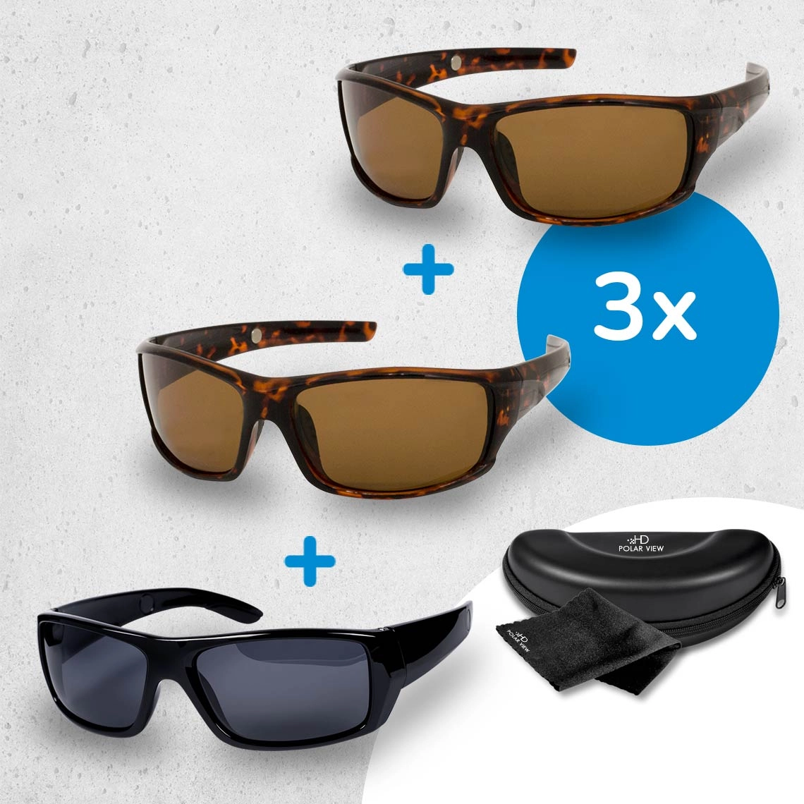 HD Polar View polarisierte Sonnenbrille 3 Stk. inkl. Zubehör GRATIS  / 2x schwarz + 1x Hornoptik