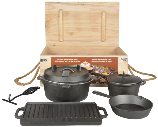 Dutch Oven Set 7-teilig Outdoor Kochset Gusseisen Lagerfeuer Grillplatte Pfanne Topf