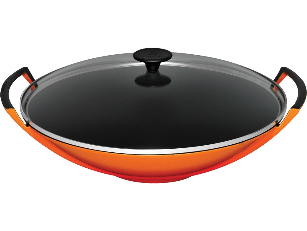 Le Creuset Wok mit Glasdeckel Gusseisen Ofenrot 36cm