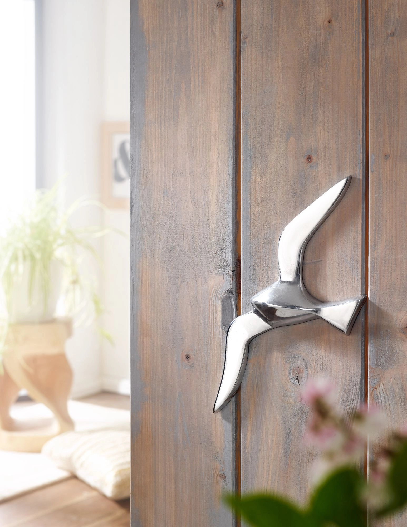 FineBuy Wanddekoration Möwe Aluminium poliert Dekofigur Silber Statue Skulptur groß Alu einzeln modern Maritim Nordsee