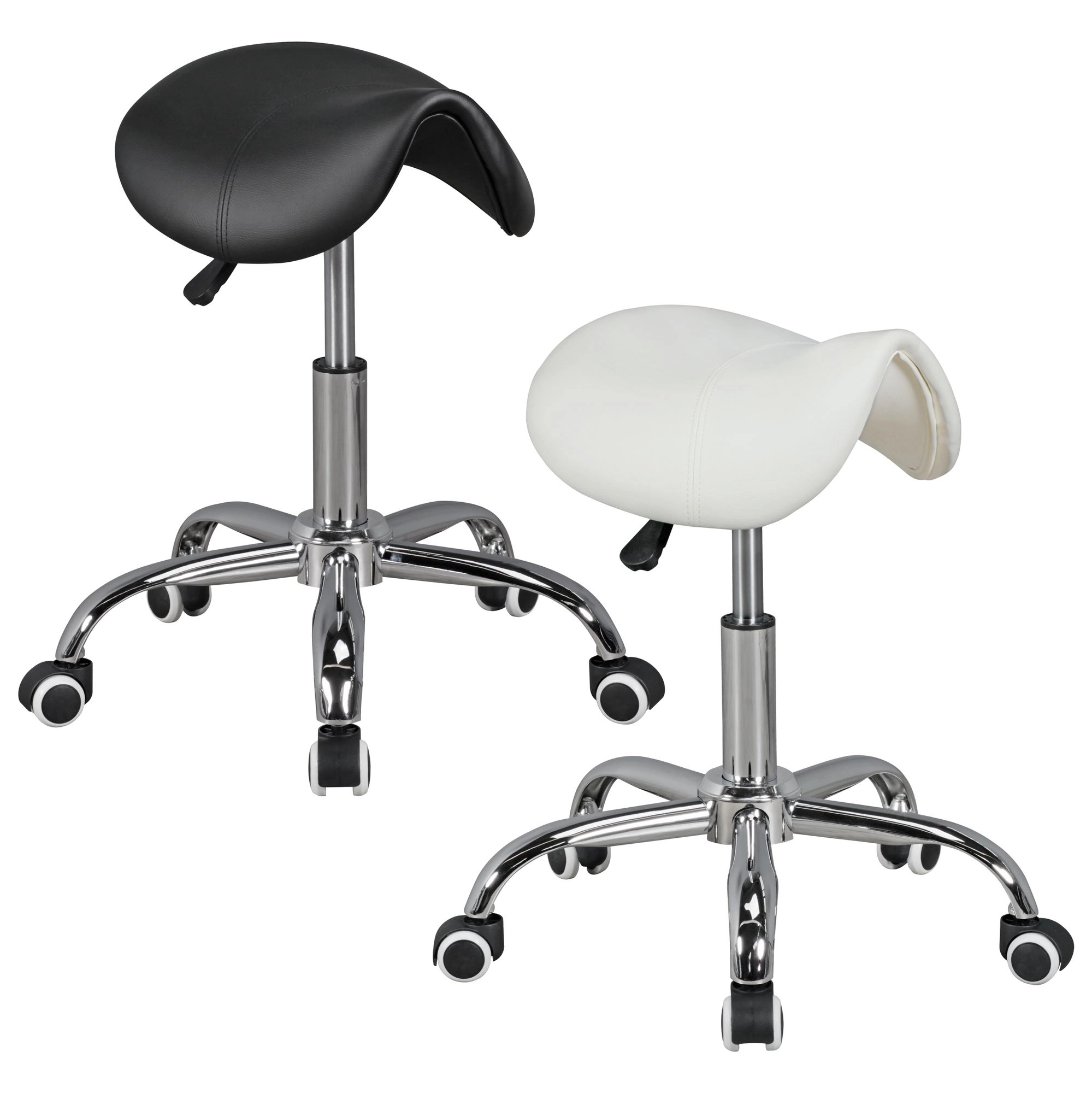 FineBuy MENTON - Sattel-Hocker, Arbeitshocker mit Kunstleder-Bezug, Sitzhocker ist höhenverstellbar, Design Drehhocker mit Rollen, Kosmetikhocker & Praxishocker mit Sattelsitz, Friseurhocker