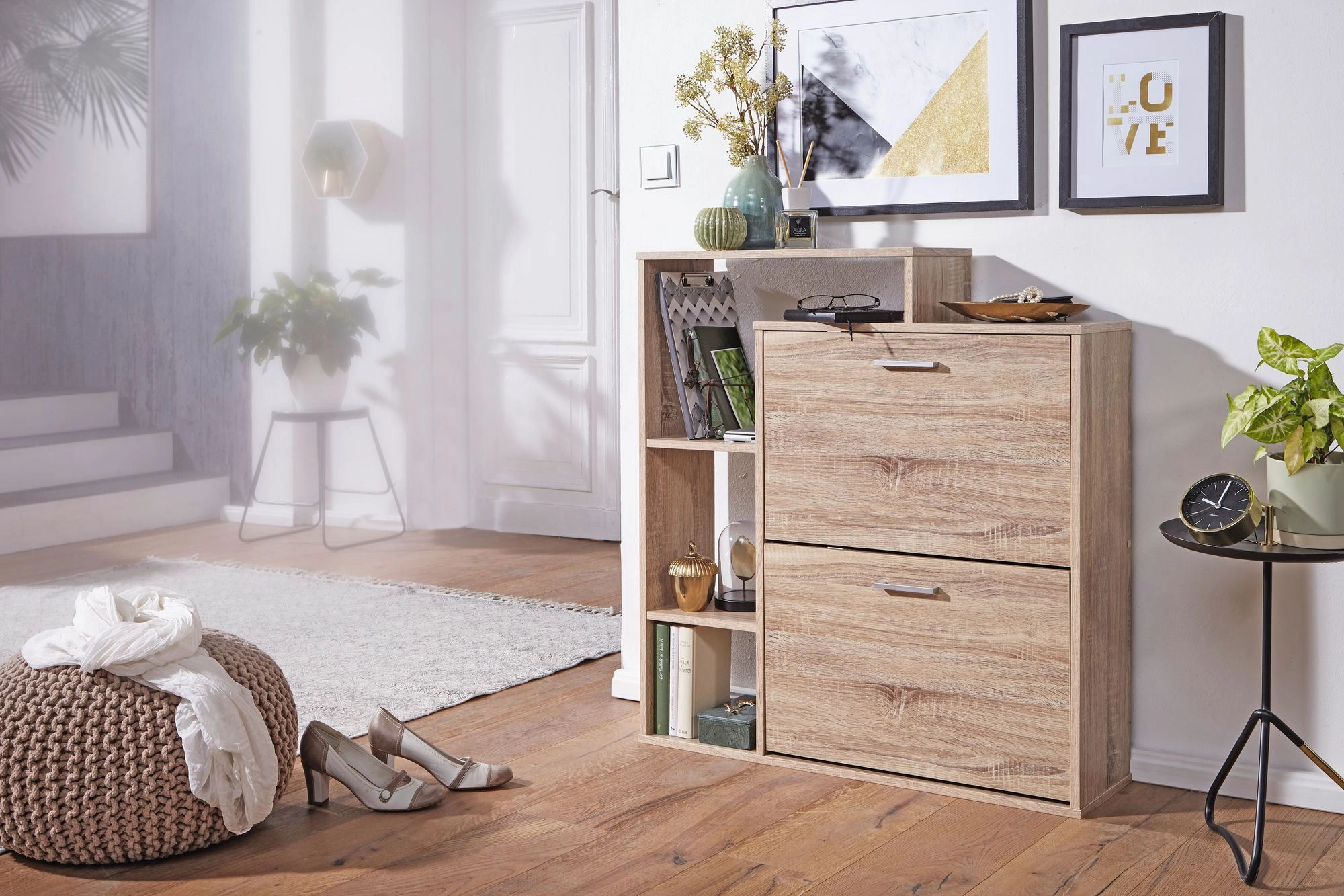 FineBuy Moderner Schuhkipper MASSA Holz 2 Fächer Sonoma Eiche 12 Paar Schuhe, Schuhschrank 85 x 24 x 93 cm, Schuhkommode Flur mit Ablage Regal