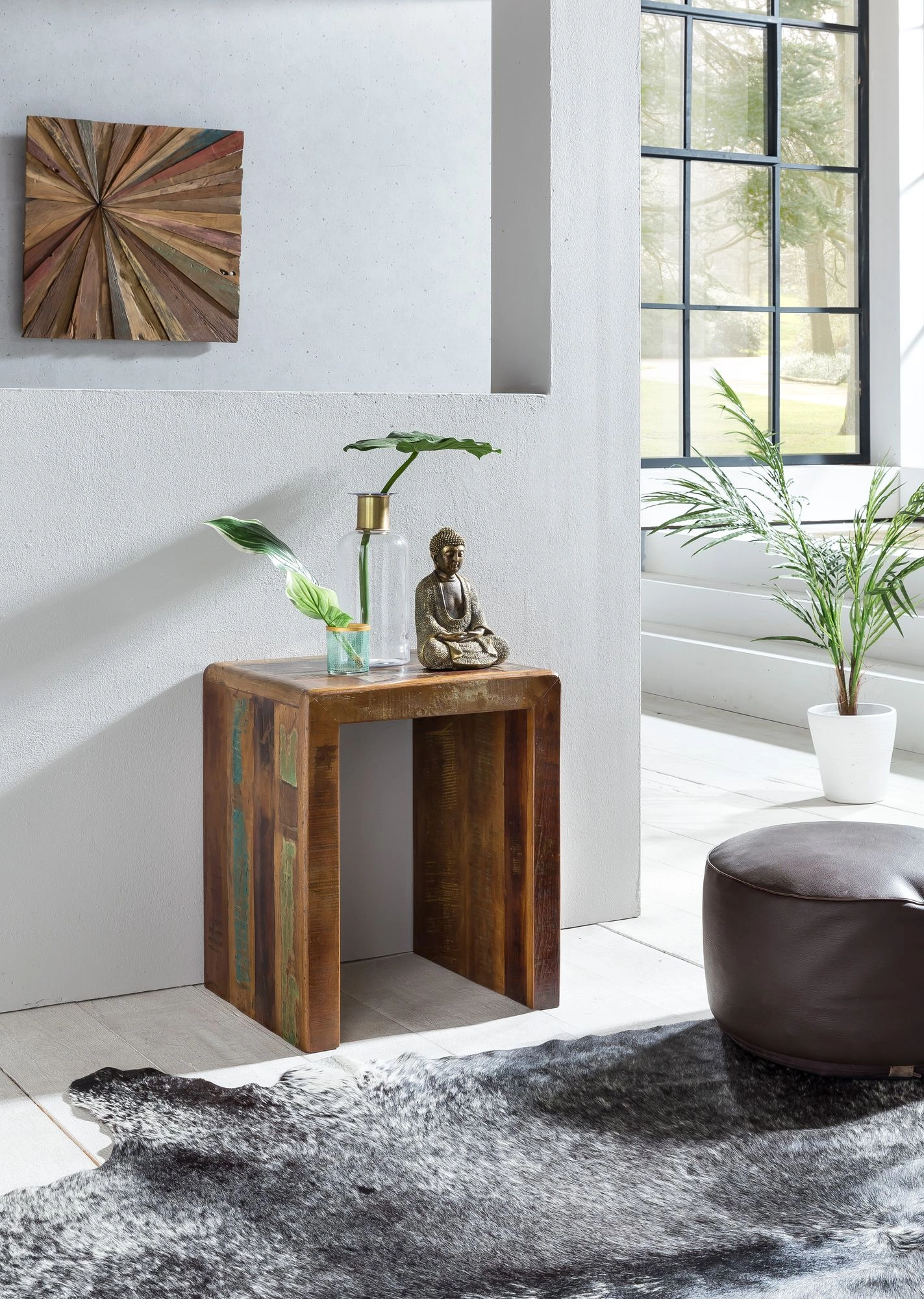 FineBuy Beistelltisch KALKUTTA 45 x 40 x 55 cm, Massivholz Couchtisch Wohnzimmer Tisch , Nachttisch Schlafzimmer Nachtkonsole Shabby-Chic, Nachtkästchen Massiv