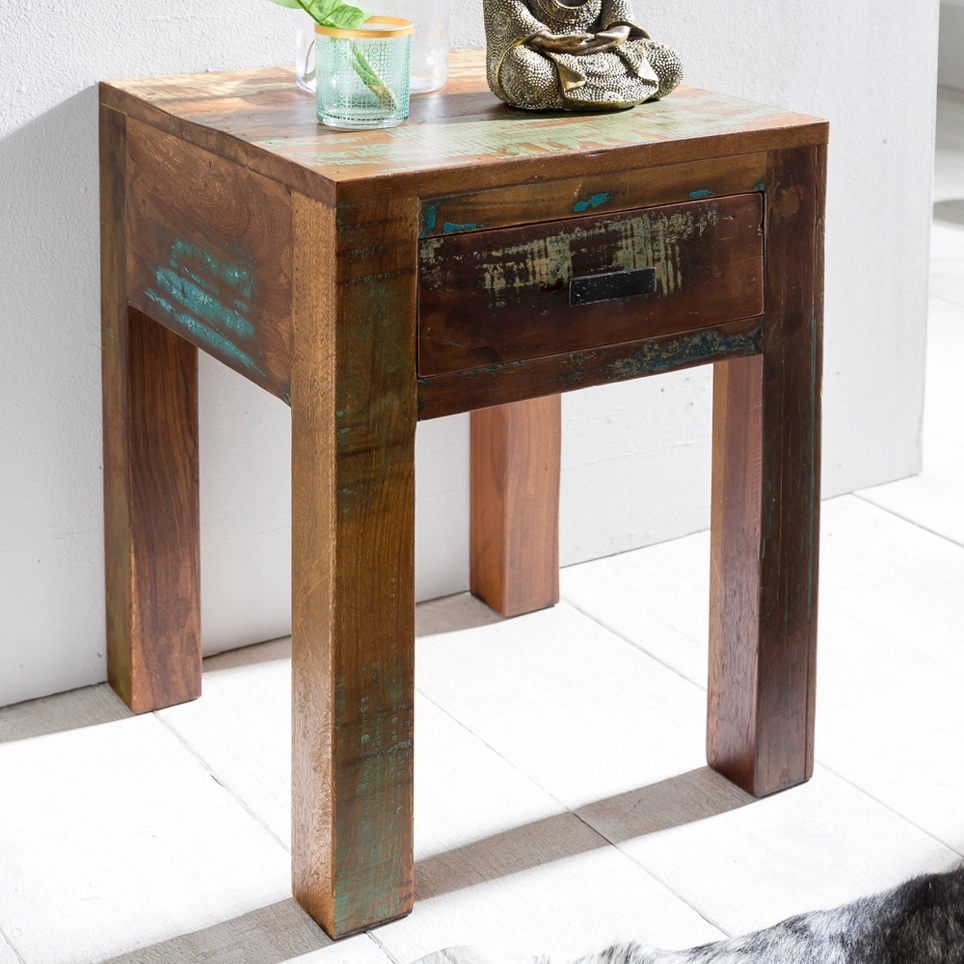 FineBuy Nachttisch KALKUTTA 40 x 40 x 55 cm, Mango Massivholz Nachtkästchen mit Schublade, Kleiner Beistelltisch Shabby Chic, Wohnzimmertisch, Nachtkonsole