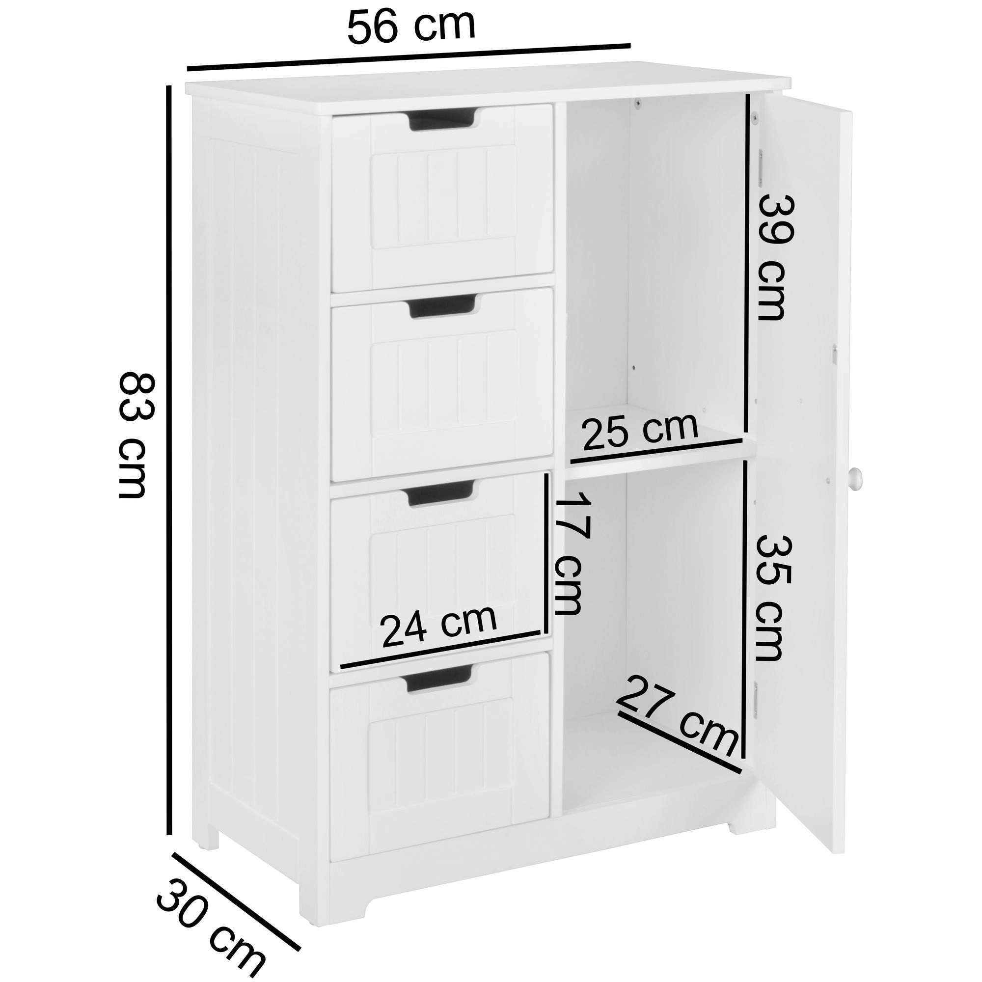 FineBuy Design Badschrank PATTI Landhaus-Stil MDF-Holz 56 x 83 x 30 cm weiß, Badezimmerschrank klein 4 Schubladen & 1 Tür, Beistellschrank Mehrzweckschrank