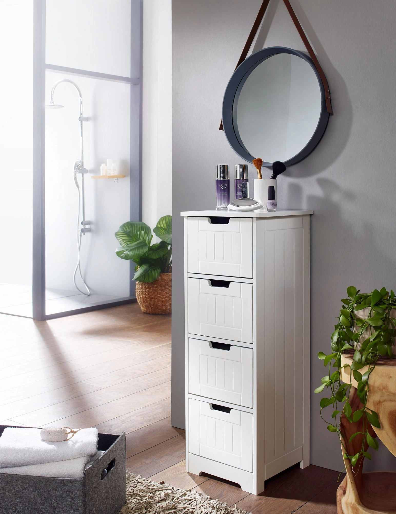 FineBuy Design Badschrank PATTI Landhaus-Stil MDF-Holz 30 x 83 x 30 cm weiß, Badezimmerschrank klein 4 Schubladen, Beistellschrank Mehrzweckschrank