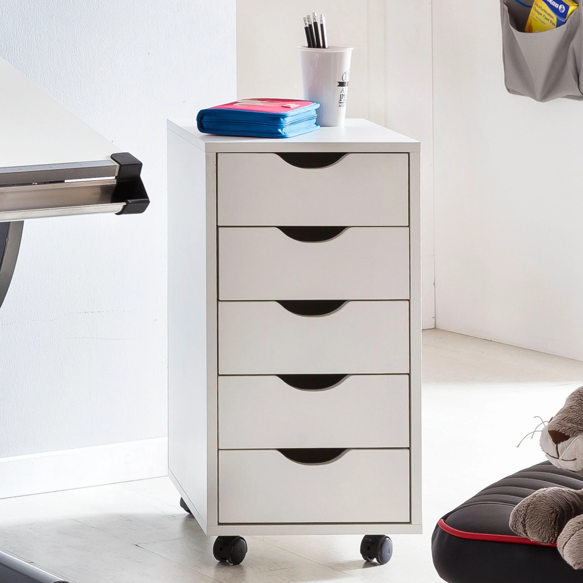 FineBuy Kinder Rollcontainer 33 x 64 x 38 cm Holz 5 Schubladen, Moderner Schubladencontainer mit Rollen, Standcontainer Bürocontainer, Rollwagen Kinderzimmer, Container Aufbewahrungsschrank