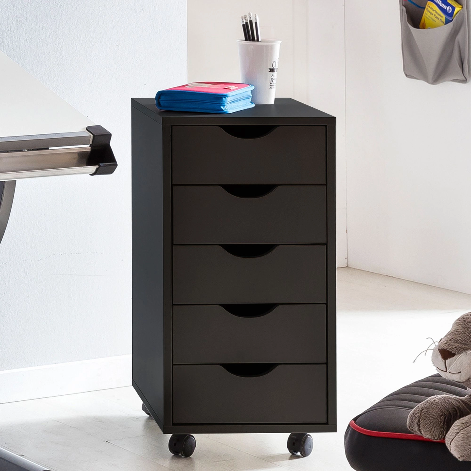 FineBuy Kinder Rollcontainer 33 x 64 x 38 cm Holz 5 Schubladen, Moderner Schubladencontainer mit Rollen, Standcontainer Bürocontainer, Rollwagen Kinderzimmer, Container Aufbewahrungsschrank