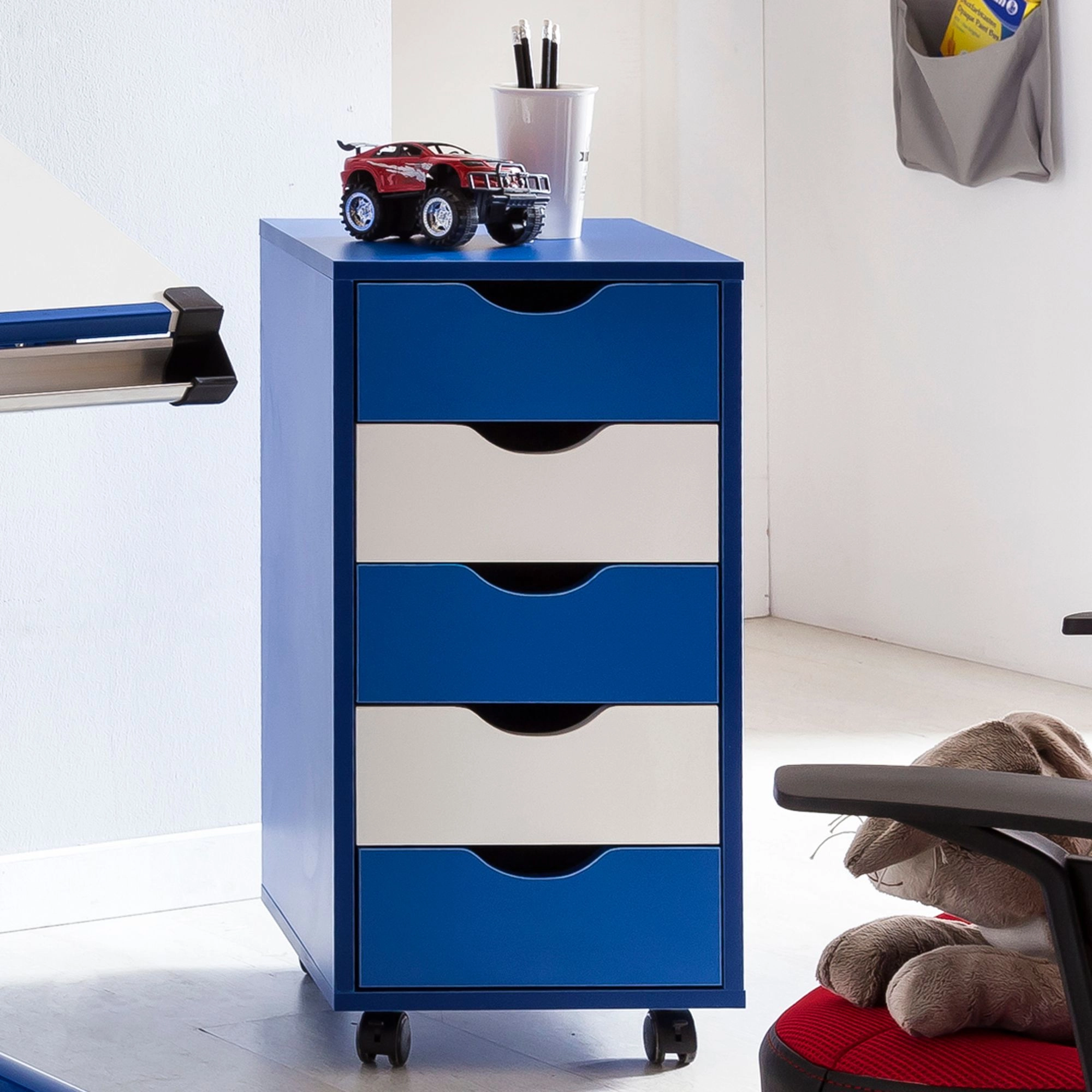 FineBuy Kinder Rollcontainer 33 x 64 x 38 cm Holz 5 Schubladen, Moderner Schubladencontainer mit Rollen, Standcontainer Bürocontainer, Rollwagen Kinderzimmer, Container Aufbewahrungsschrank