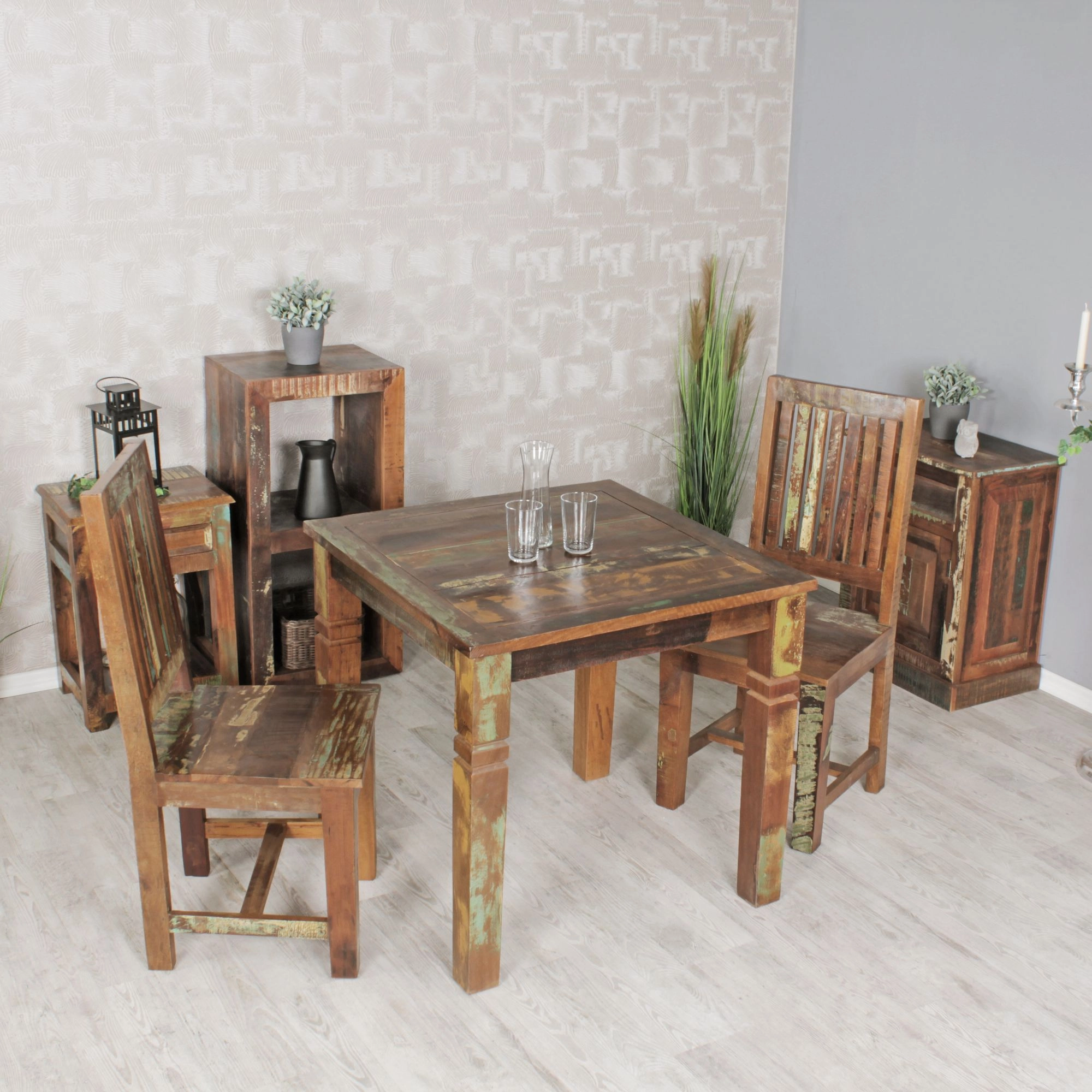 FineBuy Esszimmertisch 80 x 80 x 76 cm Mango Shabby Chic Massiv-Holz, Design Landhaus Esstisch Bootsholz, Tisch für Esszimmer rechteckig, Küchentisch 4  Personen